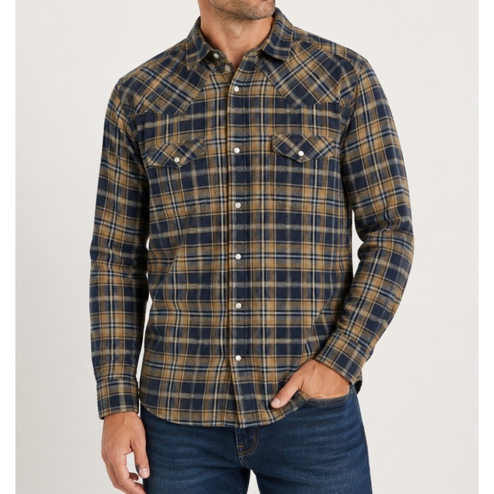 North River Western Shirt Mens Large Salute Blue Tan NWT Plaid Snap Flannel
